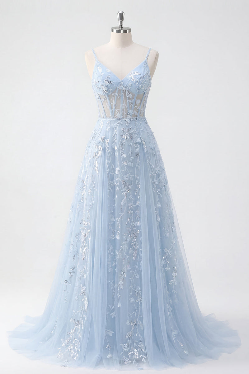 Load image into Gallery viewer, Floral A Line Long Beaded Spaghetti Straps Sparkly Blue Corset Prom Dress