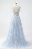 Load image into Gallery viewer, Floral A Line Long Beaded Spaghetti Straps Sparkly Blue Corset Prom Dress