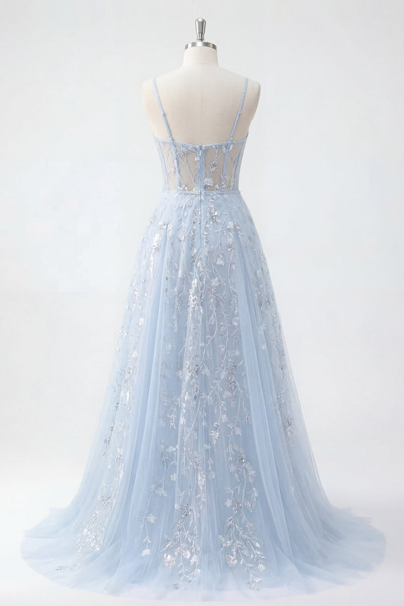 Load image into Gallery viewer, Floral A Line Long Beaded Spaghetti Straps Sparkly Blue Corset Prom Dress