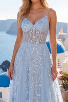 Load image into Gallery viewer, Floral A Line Long Beaded Spaghetti Straps Sparkly Blue Corset Prom Dress