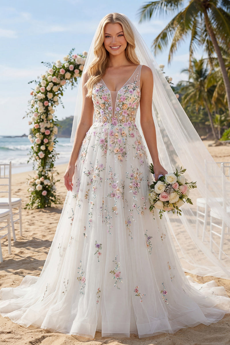Load image into Gallery viewer, White Floral Corset V-Neck A Line Sweep Train Backless Wedding Dress