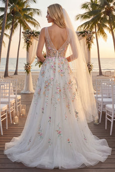 White Floral Corset V-Neck A Line Sweep Train Backless Wedding Dress