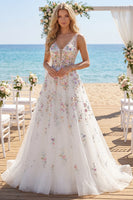 Load image into Gallery viewer, White Floral Corset V-Neck A Line Sweep Train Backless Wedding Dress
