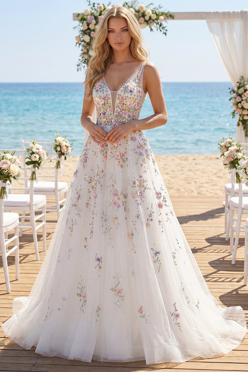 Load image into Gallery viewer, White Floral Corset V-Neck A Line Sweep Train Backless Wedding Dress