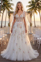 Load image into Gallery viewer, White Floral Corset V-Neck A Line Sweep Train Backless Wedding Dress