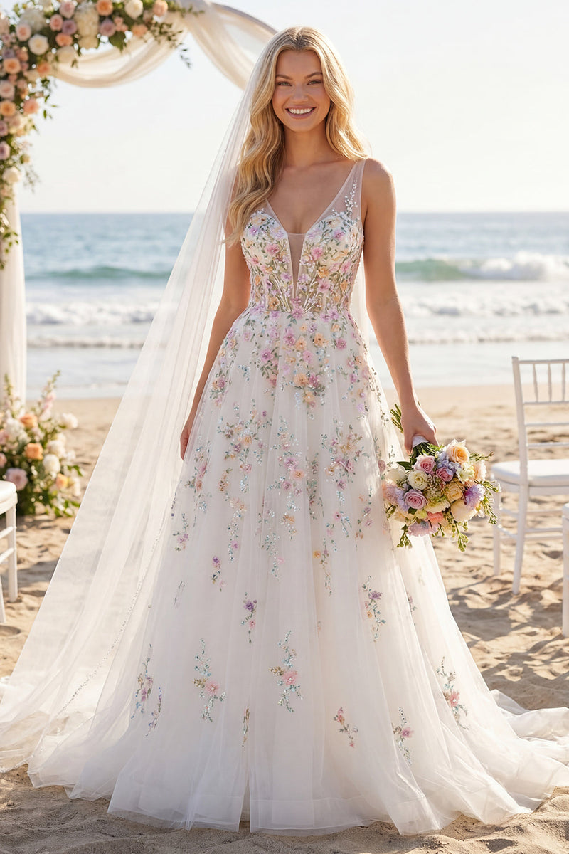 Load image into Gallery viewer, White Floral Corset V-Neck A Line Sweep Train Backless Wedding Dress