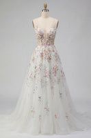 Load image into Gallery viewer, White Floral Corset V-Neck A Line Sweep Train Backless Wedding Dress