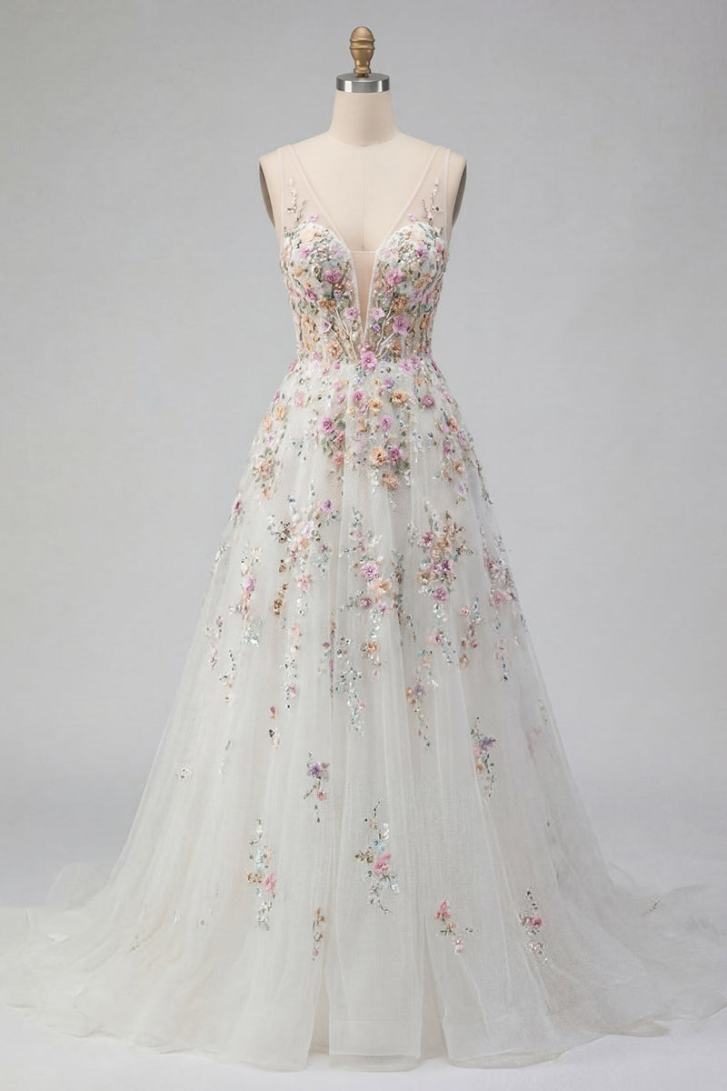 Load image into Gallery viewer, White Floral Corset V-Neck A Line Sweep Train Backless Wedding Dress