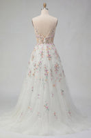 Load image into Gallery viewer, White Floral Corset V-Neck A Line Sweep Train Backless Wedding Dress