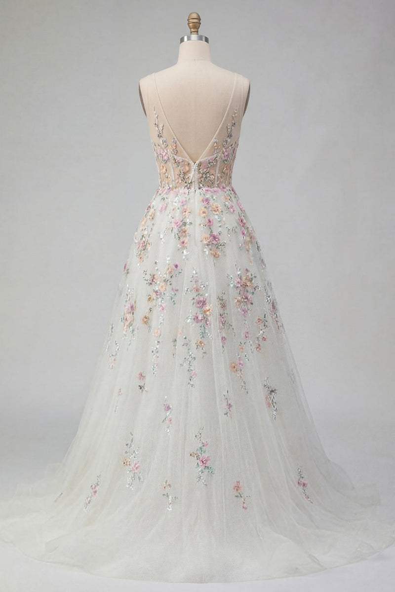 Load image into Gallery viewer, White Floral Corset V-Neck A Line Sweep Train Backless Wedding Dress