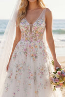 Load image into Gallery viewer, White Floral Corset V-Neck A Line Sweep Train Backless Wedding Dress