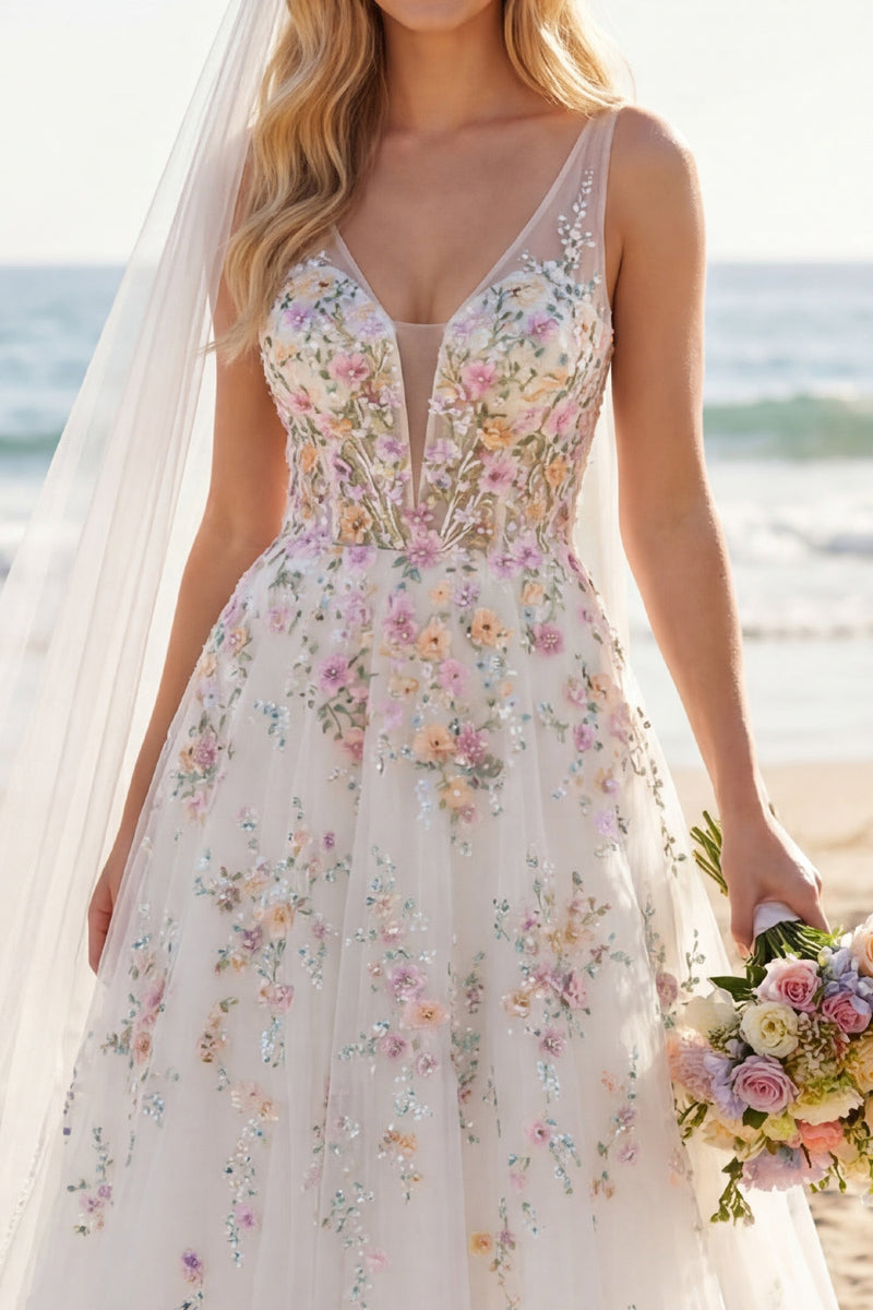 Load image into Gallery viewer, White Floral Corset V-Neck A Line Sweep Train Backless Wedding Dress