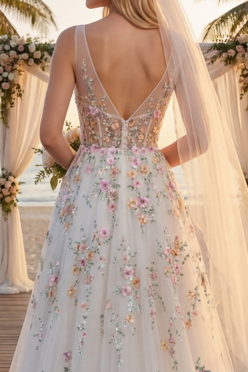 Load image into Gallery viewer, White Floral Corset V-Neck A Line Sweep Train Backless Wedding Dress