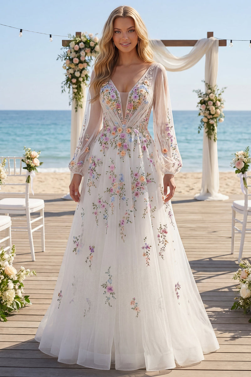 Load image into Gallery viewer, White Long Sleeves Floral Ruched V-Neck A Line Floor Length Wedding Dress