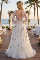 Load image into Gallery viewer, White Long Sleeves Floral Ruched V-Neck A Line Floor Length Wedding Dress