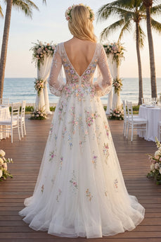 White Long Sleeves Floral Ruched V-Neck A Line Floor Length Wedding Dress