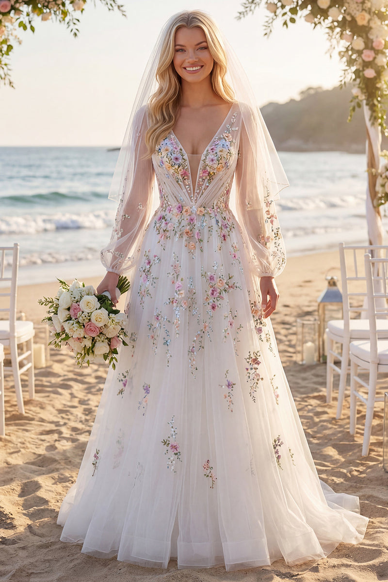 Load image into Gallery viewer, White Long Sleeves Floral Ruched V-Neck A Line Floor Length Wedding Dress