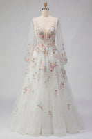 Load image into Gallery viewer, White Long Sleeves Floral Ruched V-Neck A Line Floor Length Wedding Dress