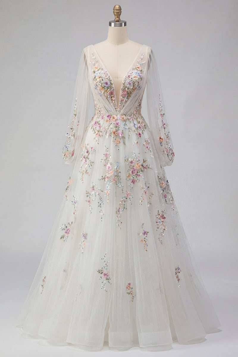 Load image into Gallery viewer, White Long Sleeves Floral Ruched V-Neck A Line Floor Length Wedding Dress
