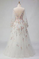 Load image into Gallery viewer, White Long Sleeves Floral Ruched V-Neck A Line Floor Length Wedding Dress