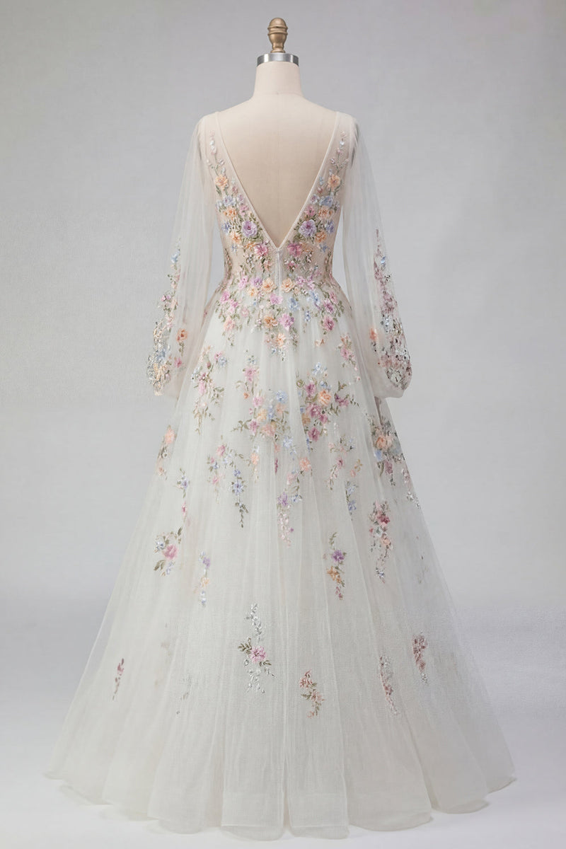 Load image into Gallery viewer, White Long Sleeves Floral Ruched V-Neck A Line Floor Length Wedding Dress