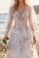 Load image into Gallery viewer, White Long Sleeves Floral Ruched V-Neck A Line Floor Length Wedding Dress