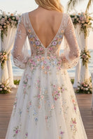 Load image into Gallery viewer, White Long Sleeves Floral Ruched V-Neck A Line Floor Length Wedding Dress