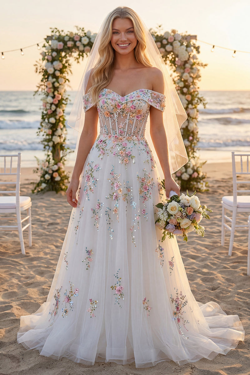 Load image into Gallery viewer, Floral Off the Shoulder Corset Sparkly White Beaded Sweep Train Wedding Dress