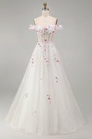 Load image into Gallery viewer, Floral Off the Shoulder Corset Sparkly White Beaded Sweep Train Wedding Dress