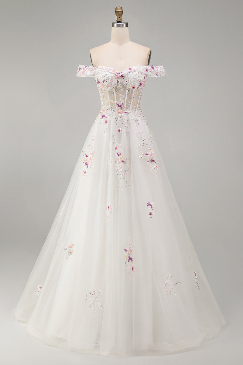 Load image into Gallery viewer, Floral Off the Shoulder Corset Sparkly White Beaded Sweep Train Wedding Dress