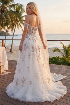 Floral Off the Shoulder Corset Sparkly White Beaded Sweep Train Wedding Dress