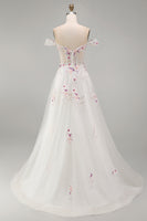 Load image into Gallery viewer, Floral Off the Shoulder Corset Sparkly White Beaded Sweep Train Wedding Dress