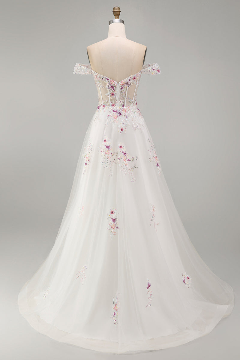 Load image into Gallery viewer, Floral Off the Shoulder Corset Sparkly White Beaded Sweep Train Wedding Dress