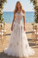 Load image into Gallery viewer, Floral Off the Shoulder Corset Sparkly White Beaded Sweep Train Wedding Dress