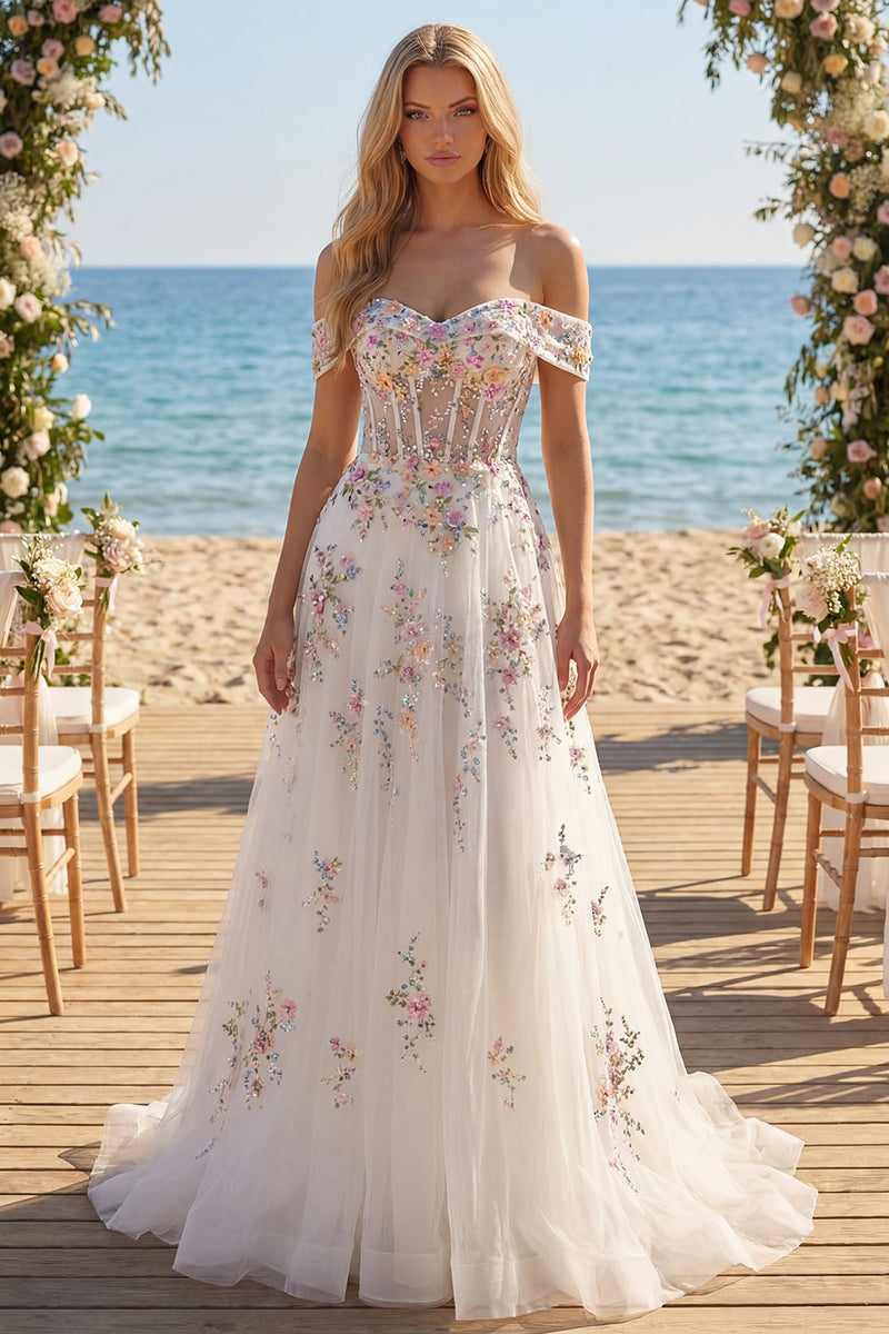 Load image into Gallery viewer, Floral Off the Shoulder Corset Sparkly White Beaded Sweep Train Wedding Dress