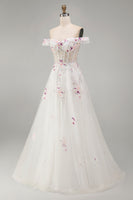 Load image into Gallery viewer, Floral Off the Shoulder Corset Sparkly White Beaded Sweep Train Wedding Dress