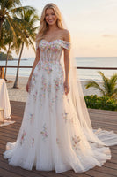 Load image into Gallery viewer, Floral Off the Shoulder Corset Sparkly White Beaded Sweep Train Wedding Dress