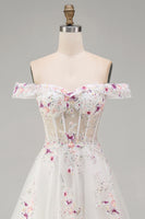 Load image into Gallery viewer, Floral Off the Shoulder Corset Sparkly White Beaded Sweep Train Wedding Dress