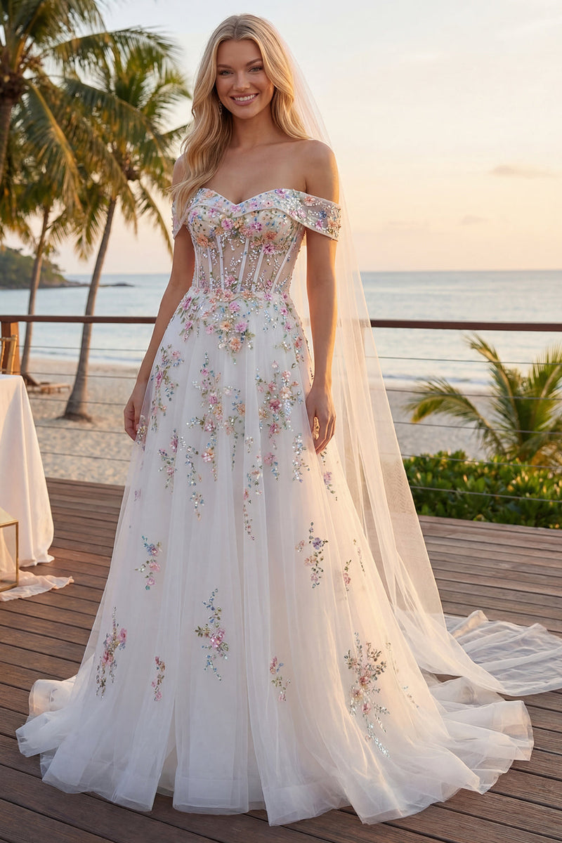 Load image into Gallery viewer, Floral Off the Shoulder Corset Sparkly White Beaded Sweep Train Wedding Dress