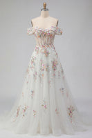Load image into Gallery viewer, Floral Off the Shoulder Corset Sparkly White Beaded Sweep Train Wedding Dress