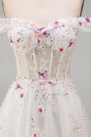 Load image into Gallery viewer, Floral Off the Shoulder Corset Sparkly White Beaded Sweep Train Wedding Dress