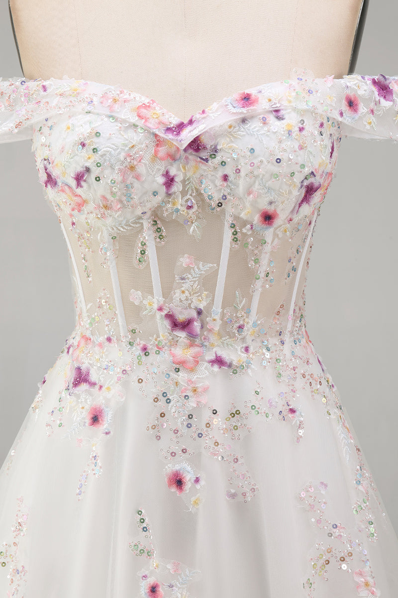 Load image into Gallery viewer, Floral Off the Shoulder Corset Sparkly White Beaded Sweep Train Wedding Dress