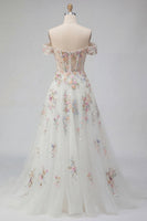 Load image into Gallery viewer, Floral Off the Shoulder Corset Sparkly White Beaded Sweep Train Wedding Dress