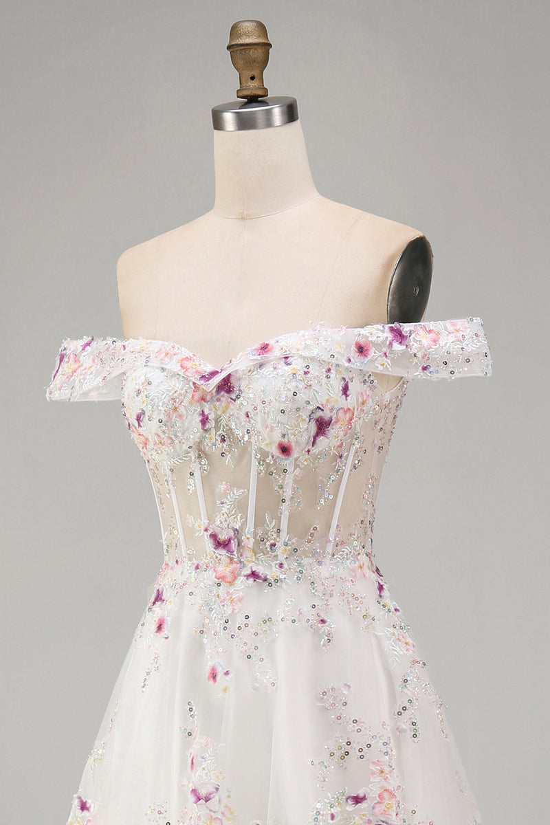 Load image into Gallery viewer, Floral Off the Shoulder Corset Sparkly White Beaded Sweep Train Wedding Dress