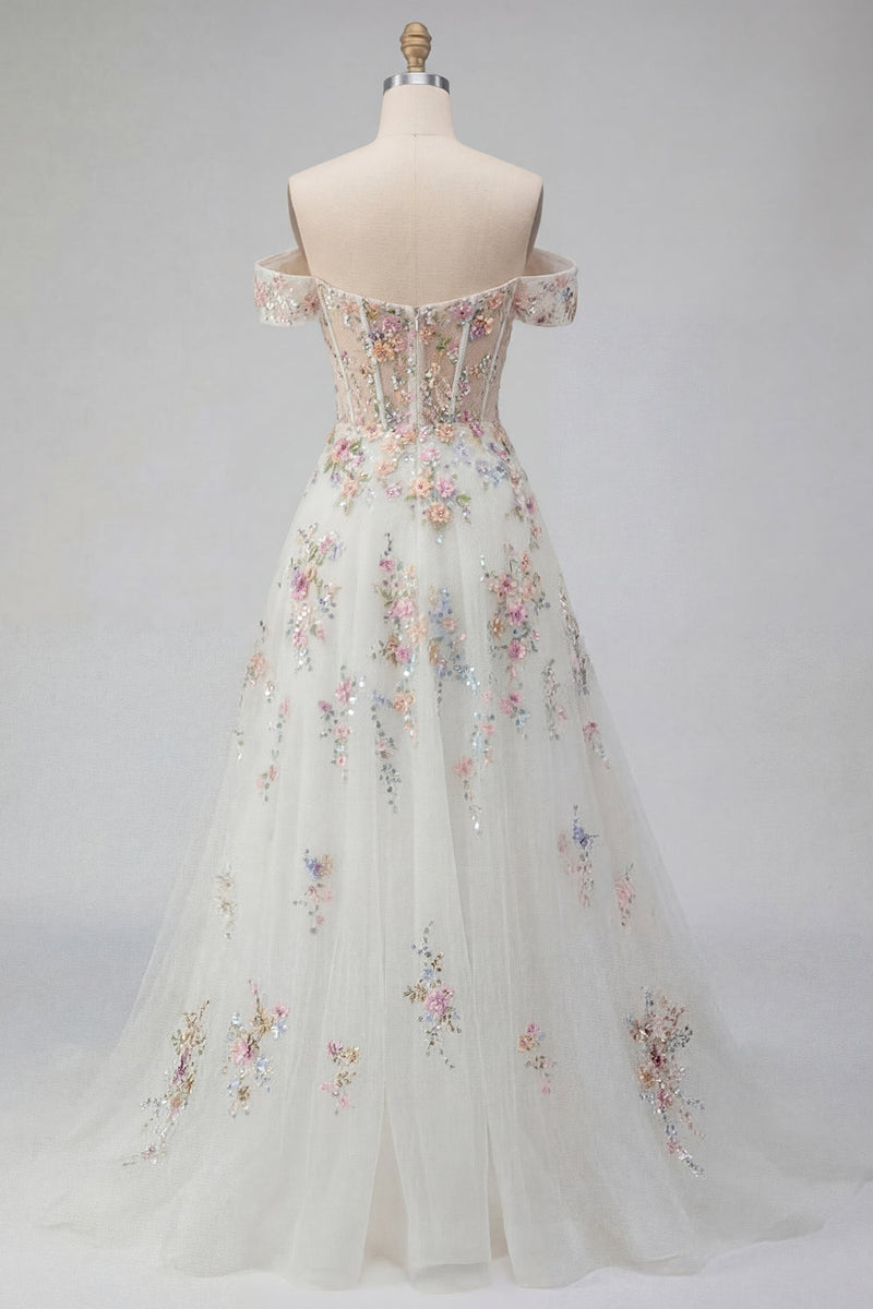 Load image into Gallery viewer, Floral Off the Shoulder Corset Sparkly White Beaded Sweep Train Wedding Dress