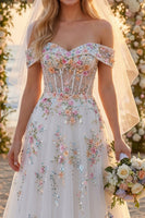 Load image into Gallery viewer, Floral Off the Shoulder Corset Sparkly White Beaded Sweep Train Wedding Dress