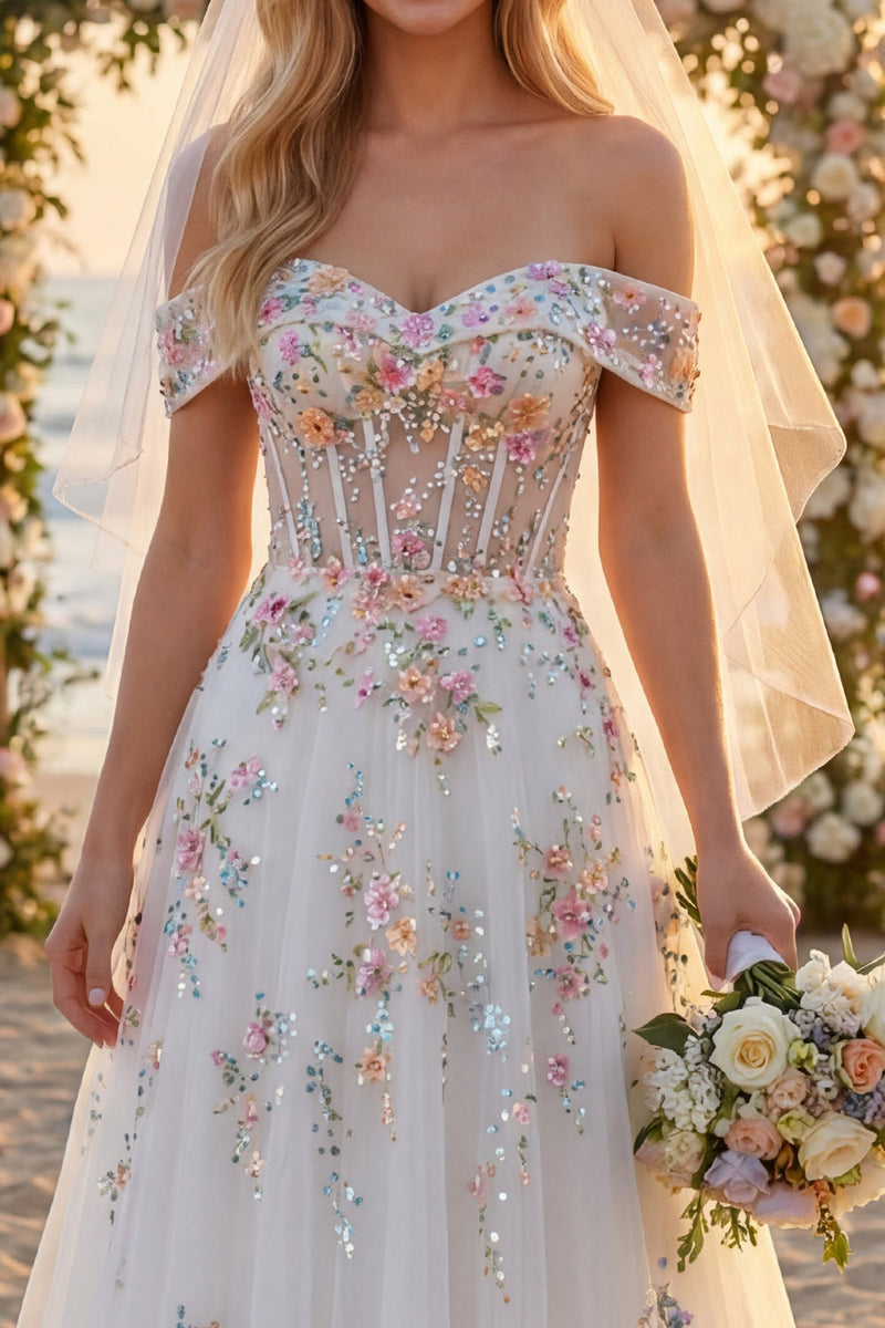 Load image into Gallery viewer, Floral Off the Shoulder Corset Sparkly White Beaded Sweep Train Wedding Dress
