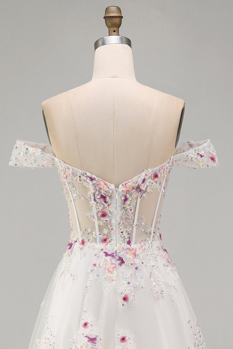 Load image into Gallery viewer, Floral Off the Shoulder Corset Sparkly White Beaded Sweep Train Wedding Dress