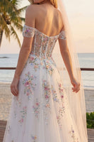 Load image into Gallery viewer, Floral Off the Shoulder Corset Sparkly White Beaded Sweep Train Wedding Dress