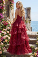 Load image into Gallery viewer, Sparkly Spaghetti Straps A Line Burgundy Long Beaded Prom Dress with Ruffles